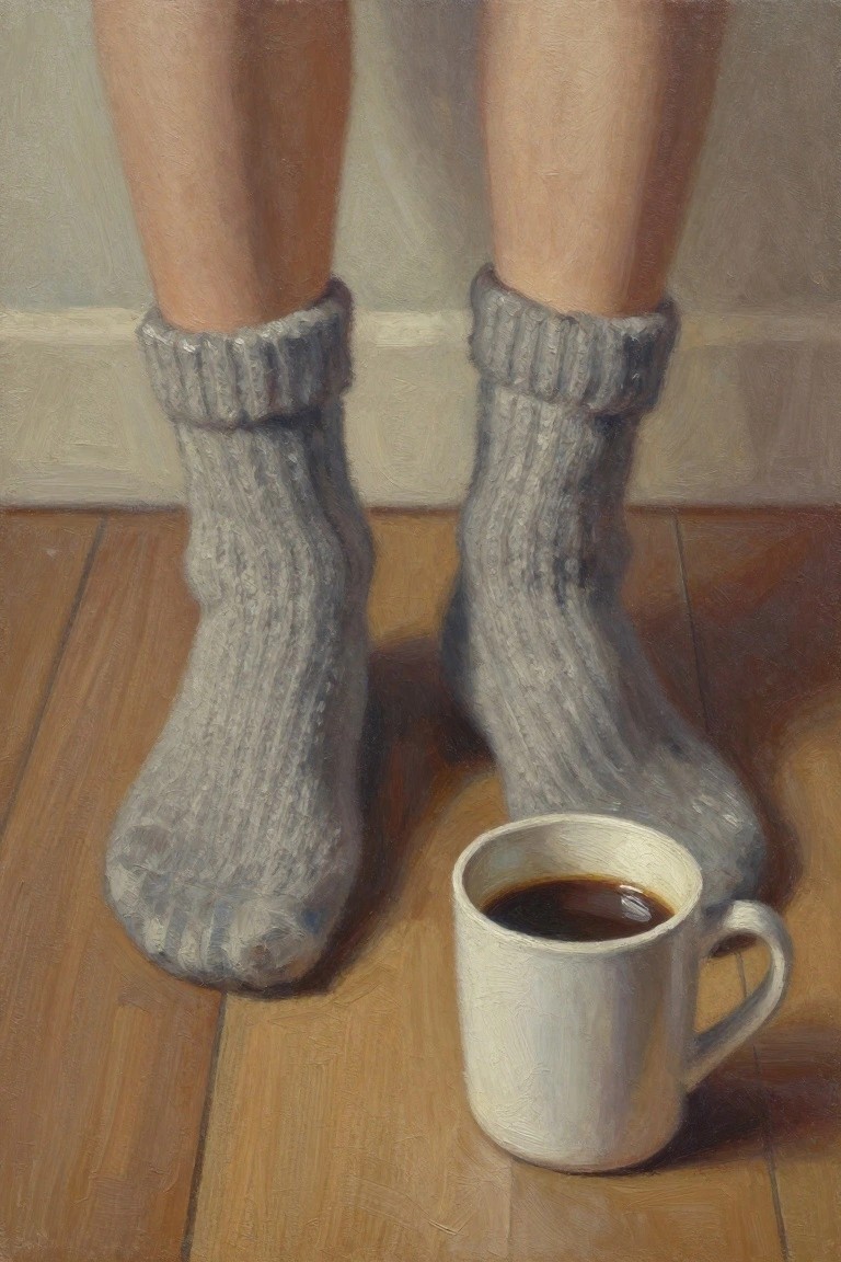 Oil painting depicting feet wearing gray wool socks on a wooden floor beside a white mug of black coffee.