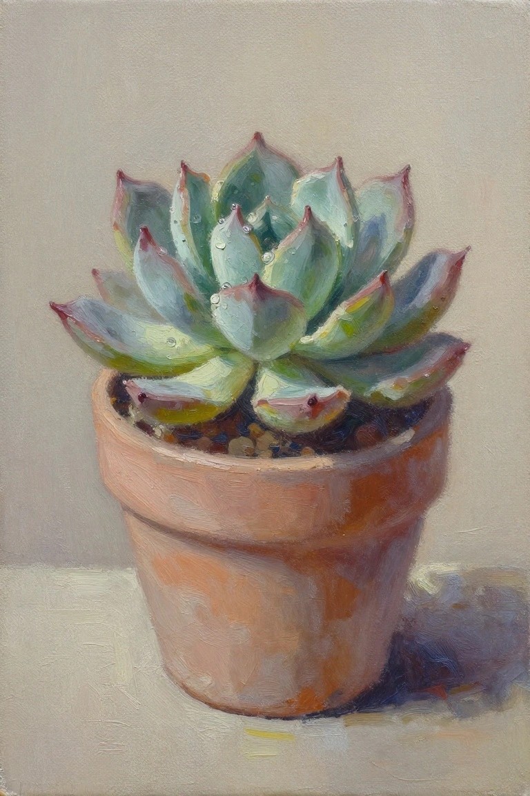 Oil painting of a blue-green succulent with red leaf tips and water droplets in a terracotta pot on a light background.