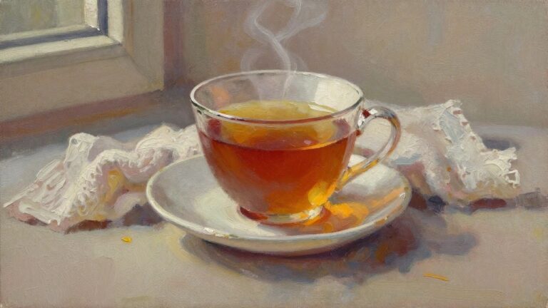 18 Cozy Small Canvas Oil Painting Ideas For Beginners Oil painting of a white teacup with steaming reddish-brown tea on a saucer over white lace cloth on a windowsill with soft light.