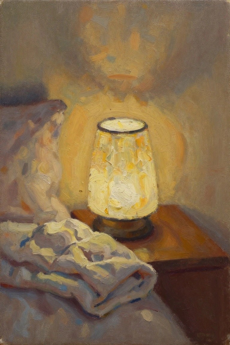 Oil painting depicting a lit lamp with textured shade on a wooden nightstand next to rumpled bedsheets in a dimly lit bedroom.
