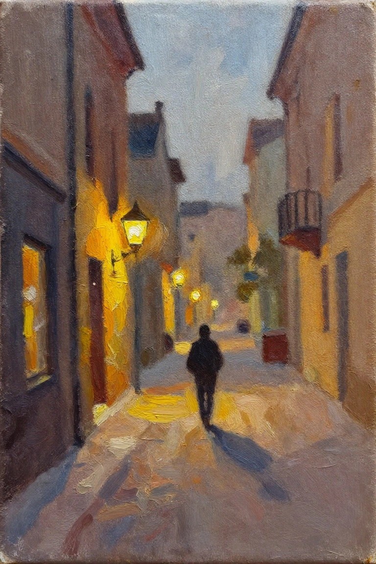 Oil painting of a silhouetted figure walking away down a narrow cobblestone alley at twilight, lit by yellow street lamps between old buildings.