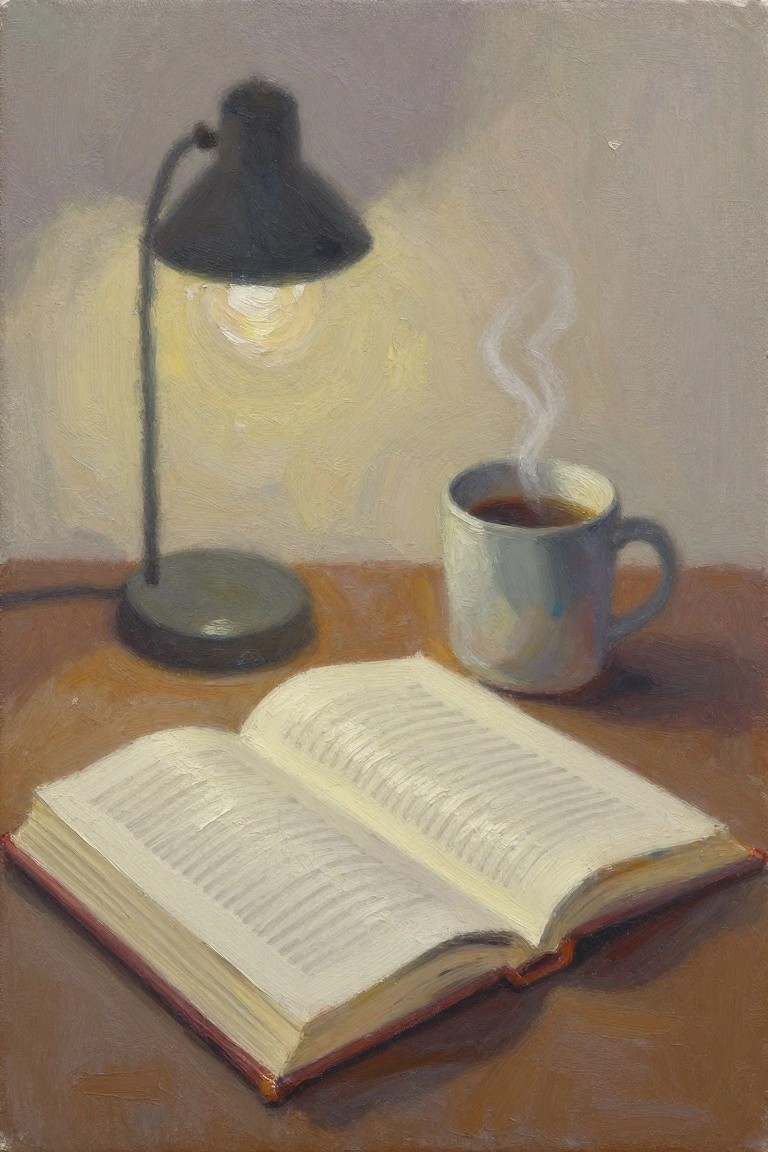 Oil painting of a lit black desk lamp next to a steaming mug of dark liquid and an open book on a wooden table.