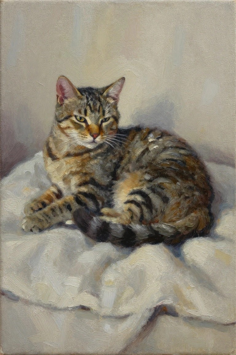 Oil painting of a tabby cat lounging on white fabric against a beige background.