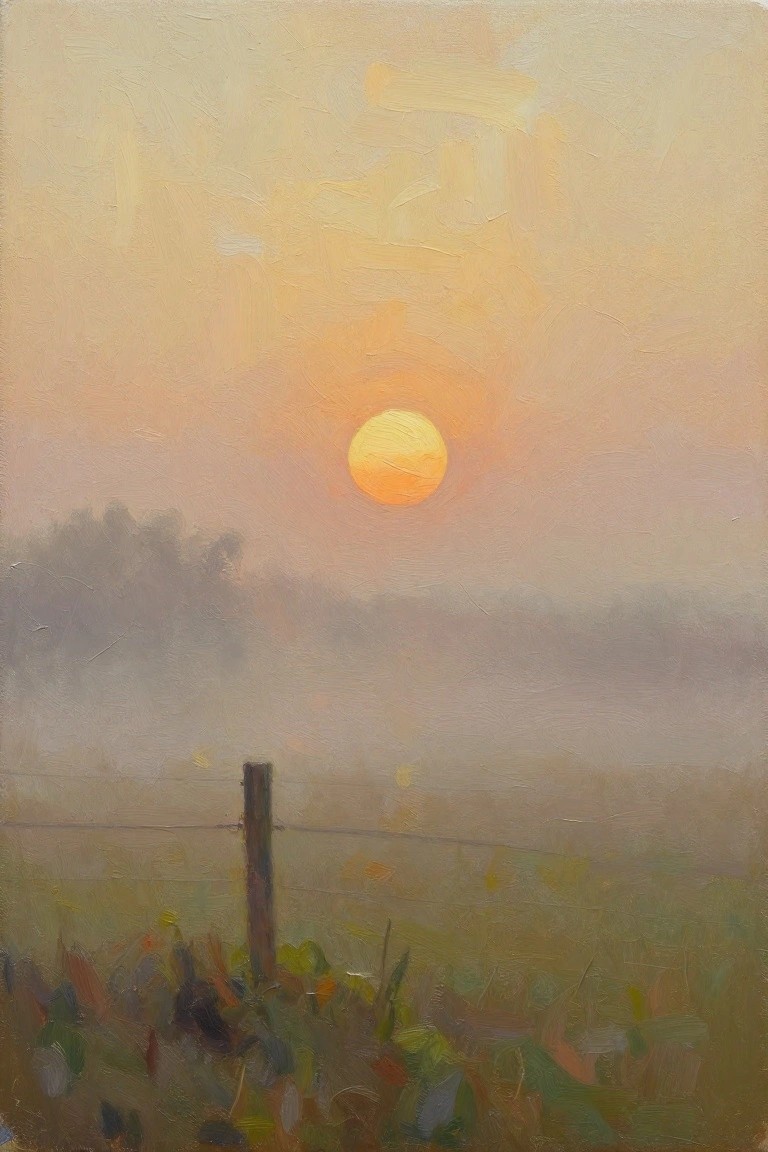 Oil painting depicts a bright orange sun low in a misty sky over green fields, with a wooden fence post in the foreground and blurred trees behind.