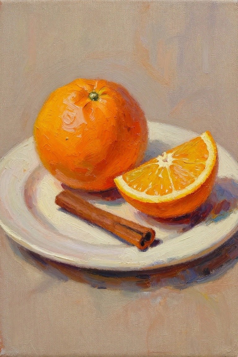 Oil painting of a whole orange, orange slice, and cinnamon stick arranged on a white plate against a beige background.