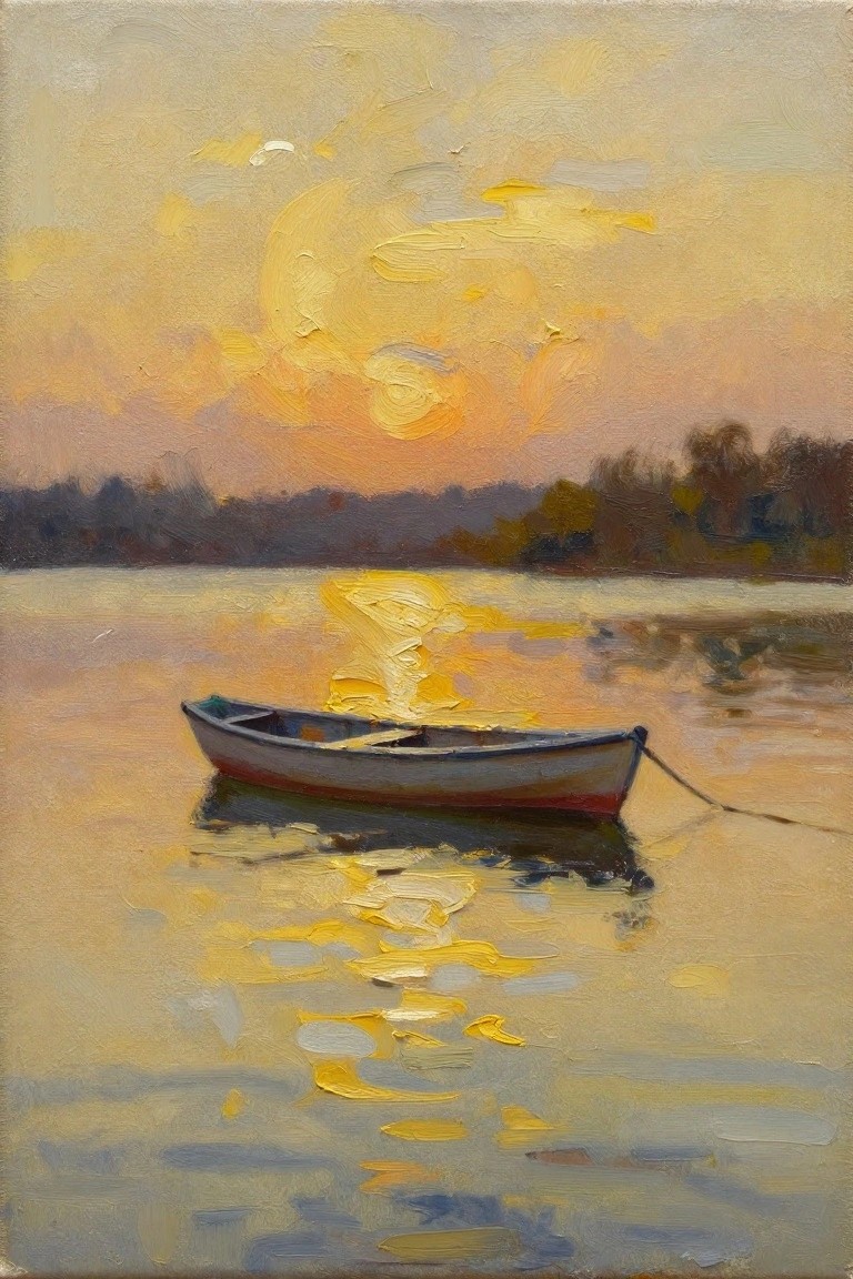 Oil painting of a small rowboat on calm lake water reflecting a vibrant yellow-orange sunset with silhouetted trees in the background.