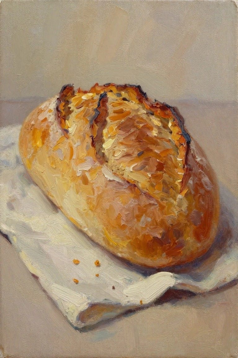 Oil painting of a golden-crusted oval loaf of bread on a white folded cloth with beige background.