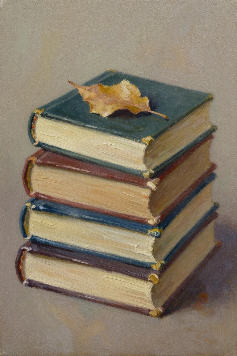 Oil painting of four stacked books in varied cover colors with a yellow autumn leaf on the top green book against a neutral background.