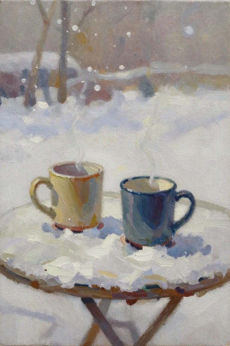 Oil painting of a yellow mug and a blue mug steaming on a snow-covered round table outdoors with snowy trees and falling snow in the background.