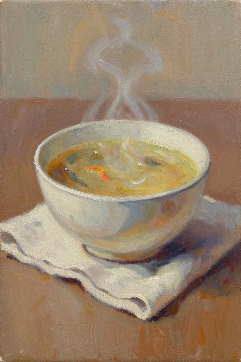 Oil painting of a white bowl of steaming yellow soup with orange vegetable pieces on a white napkin over a wooden table.