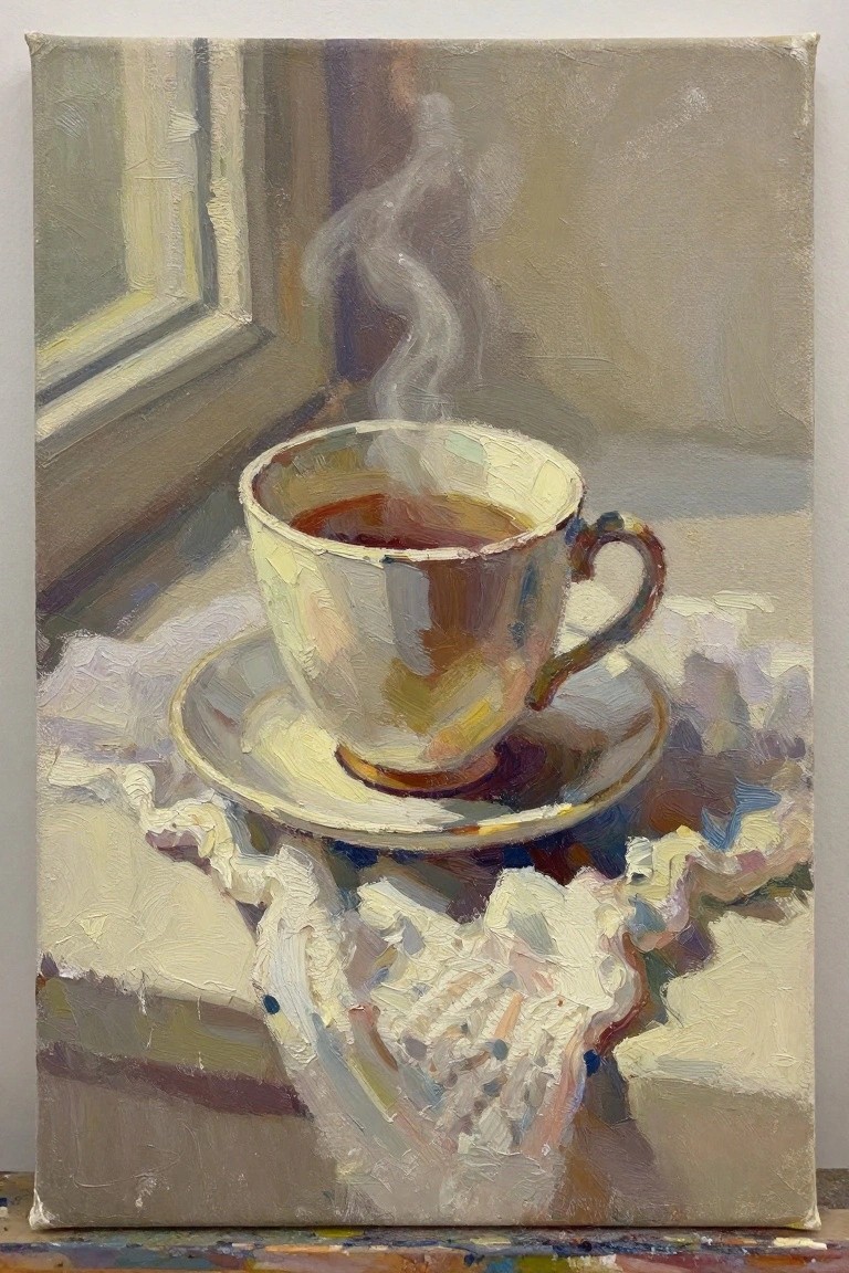 Oil painting of a white teacup with steaming reddish-brown tea on a saucer over white lace cloth on a windowsill with soft light.