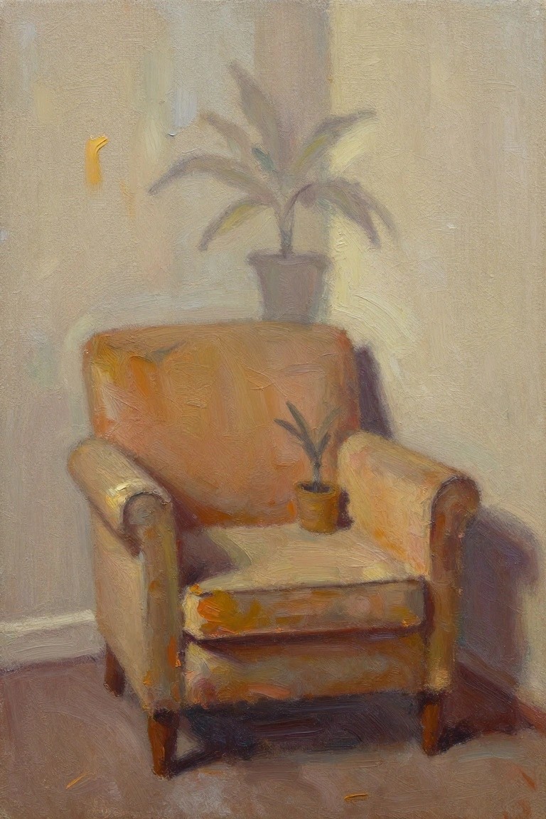 Oil painting of a worn orange armchair with a small potted green sprout on the seat, in a light room corner with a tall potted palm plant behind and soft shadows.