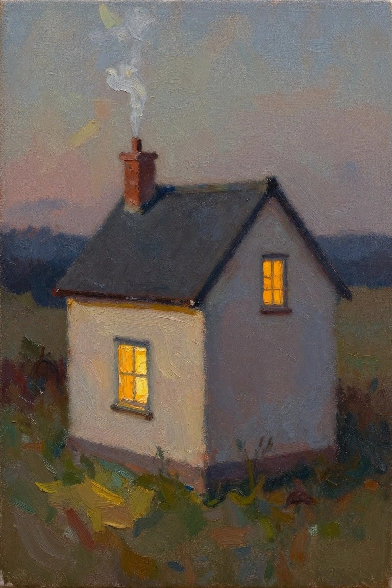 Oil painting of a small white cottage with dark sloped roof, red brick chimney emitting smoke, one yellow-lit window, set in a grassy field under a pinkish dusk sky.