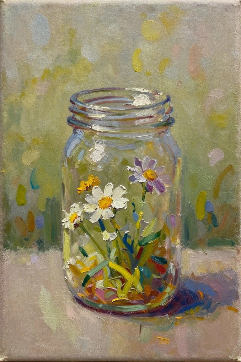 Oil painting of colorful wildflowers in a clear mason jar on a table against a soft blended background.