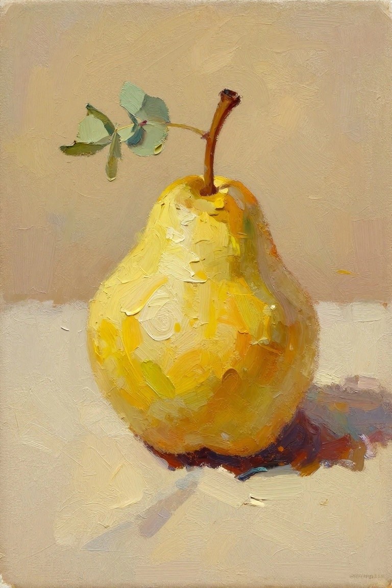 Oil painting of a yellow pear with stem and eucalyptus leaves on a light surface with soft shadows and beige background.
