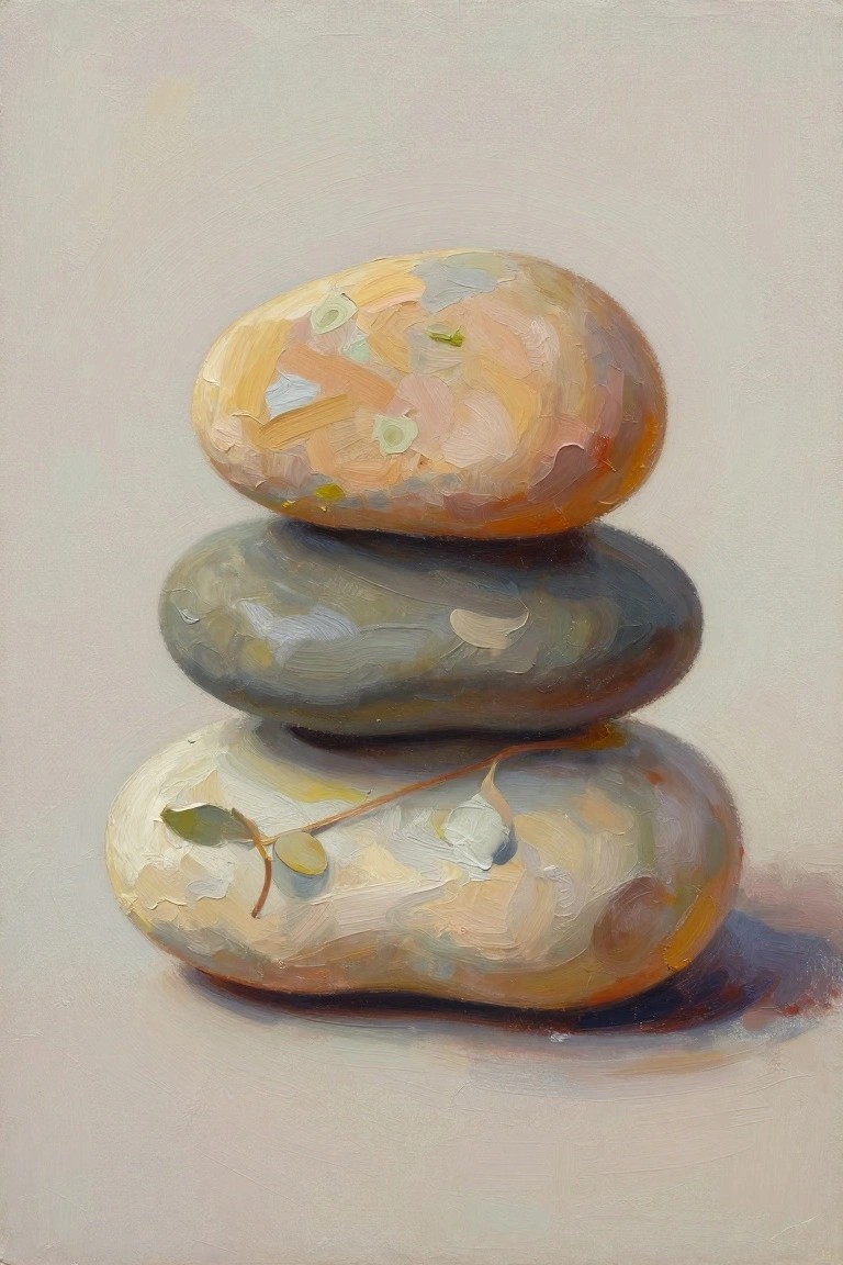 Oil painting of three smooth stacked pebbles in beige, gray, and white with textured surfaces, a leaf on the bottom stone, and soft shadows on a beige background.
