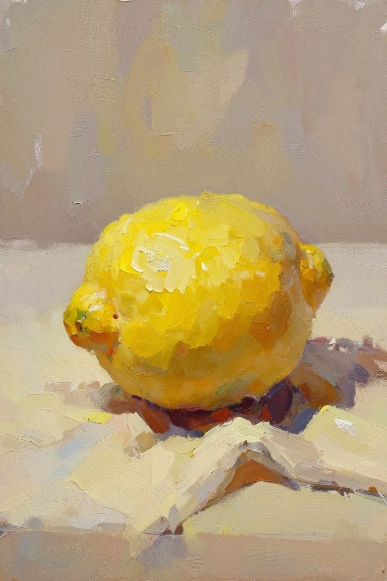 Oil painting of a single yellow lemon on white cloth with beige background and soft shadows.