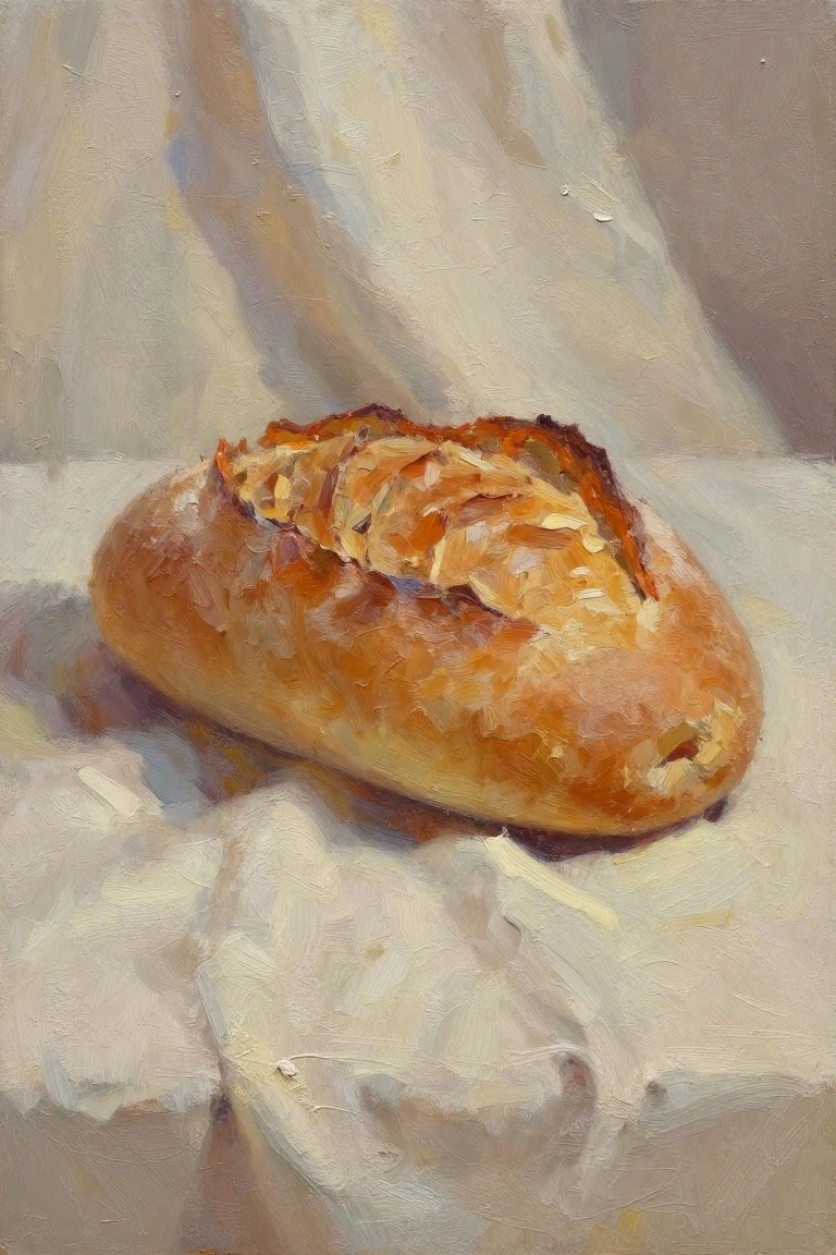 Oil painting of a golden-crusted baguette with slashed top on white linen cloth amid draped fabric.