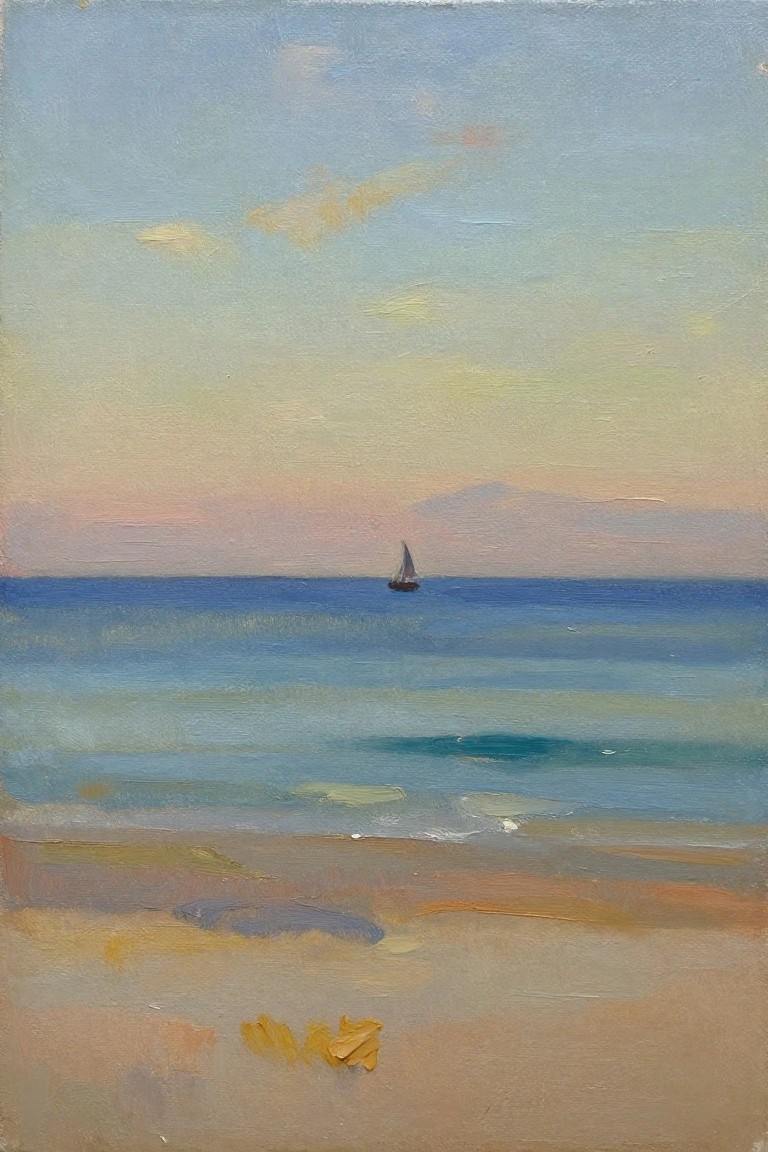 Oil painting of a textured sandy beach, calm blue-green sea with a small sailboat on the horizon, and blended sky from blue to pink-orange at dusk.