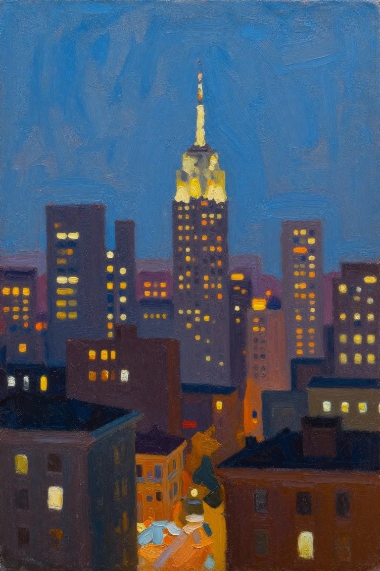 Oil painting depicting the lit Empire State Building towering over surrounding New York City skyscrapers and rooftops under a blue twilight sky.