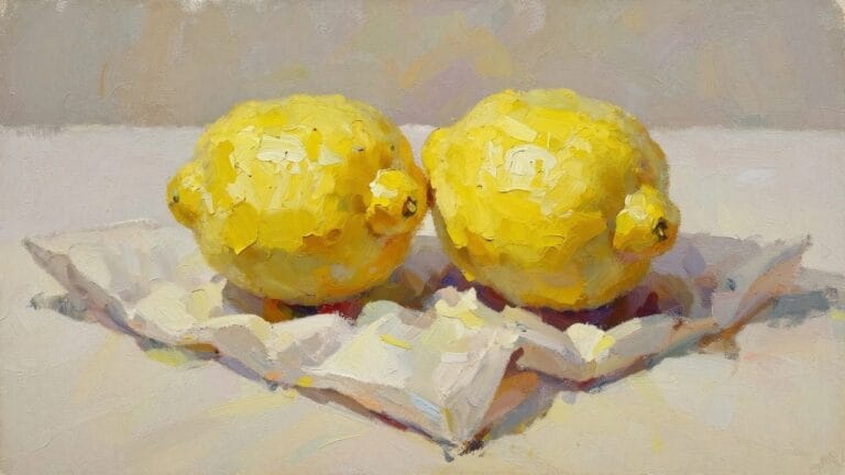 18 Creative First Oil Painting Ideas For Total Beginners Oil painting of a single yellow lemon on white cloth with beige background and soft shadows.