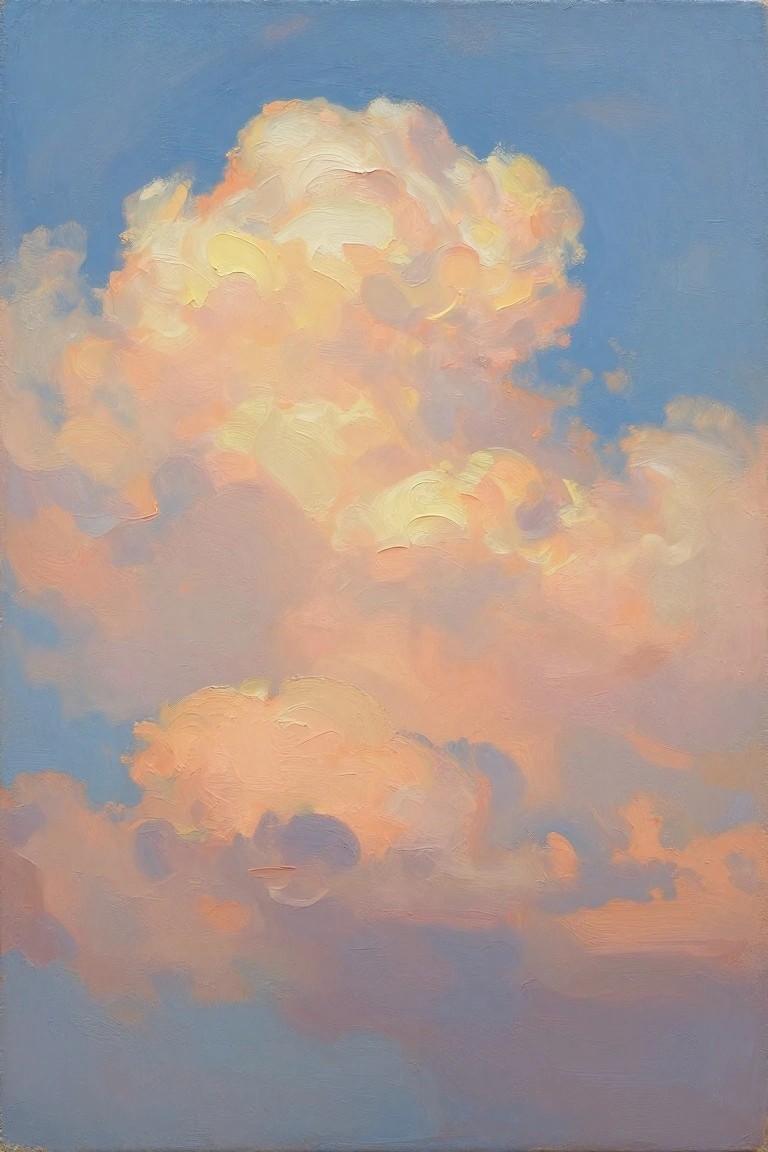 Oil painting of stacked fluffy clouds in yellow, orange, and pink hues against a blue sky.