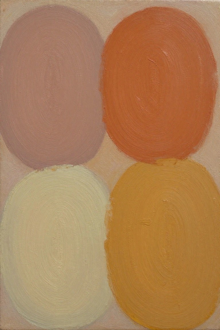 Abstract oil painting with four large circles in mauve-pink, orange, cream, and yellow arranged in a 2x2 grid on beige ground, each with swirling internal brushstrokes.