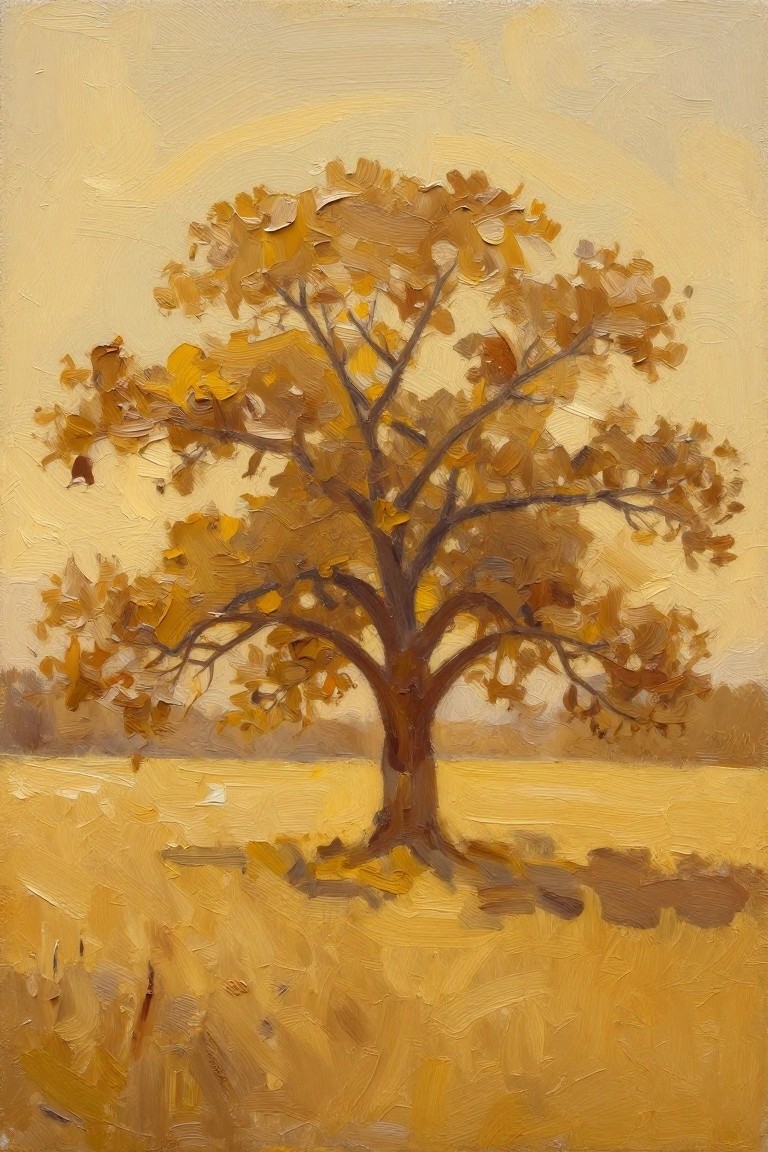 Oil painting of a large golden-leaved tree centered in a yellow wheat field with a pale yellow sky.