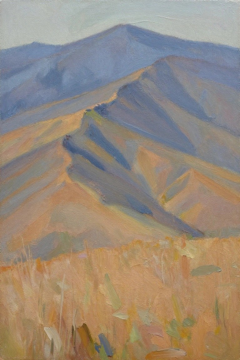 Vertical oil painting of distant blue-purple mountains with tan ridges rising above a field of tall orange-yellow grasses under a pale sky.