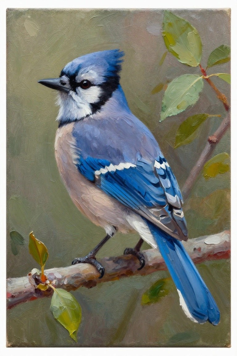 Oil painting of a blue jay bird perched on a branch with green leaves against a muted green background.