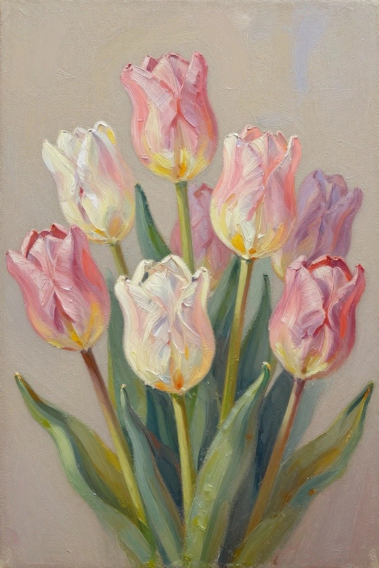 Oil painting of a bouquet of tulips in pinks, whites, yellows, and purples with green leaves and stems against a beige background.