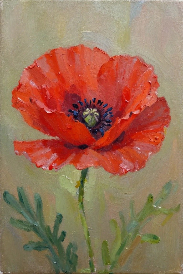 Oil painting of a bright red poppy flower with dark center, green stem, and leaves against a beige background.