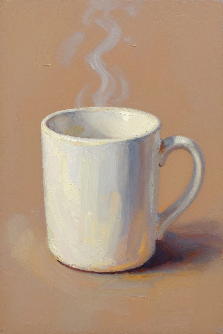Oil painting of a white ceramic mug with rising steam against a beige background.