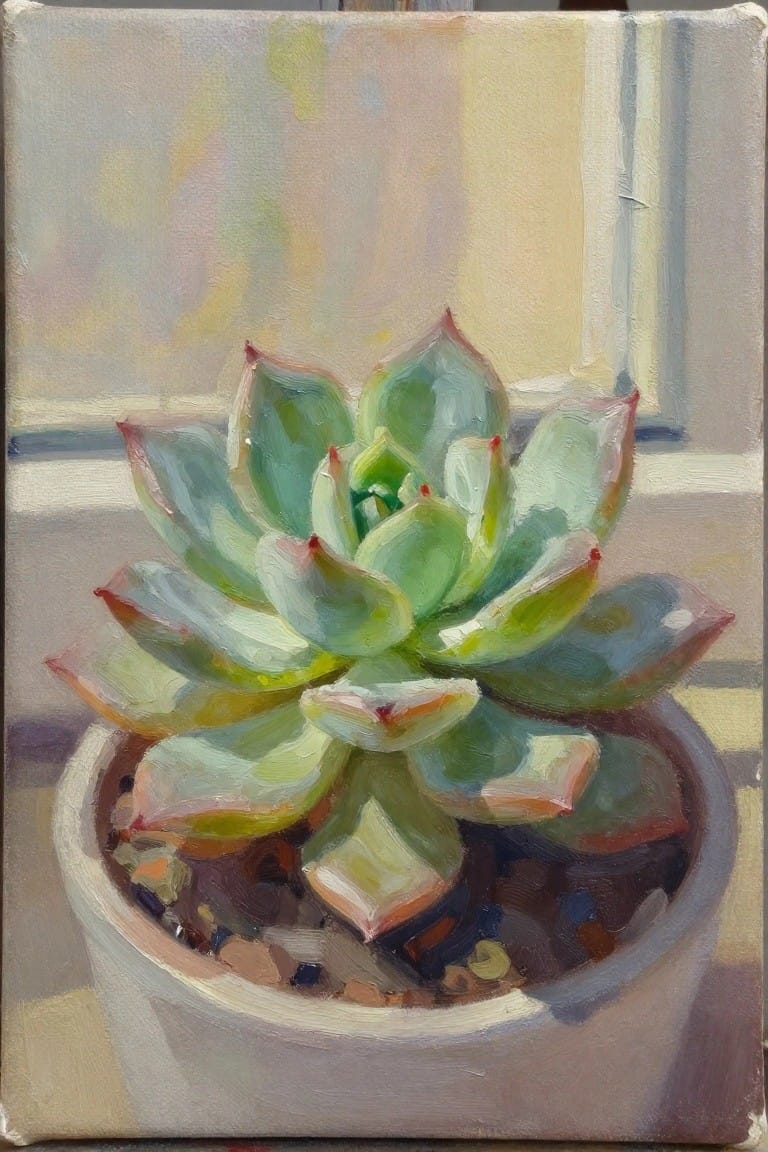Oil painting of a green succulent with red leaf tips in a white pot on a sunlit windowsill.