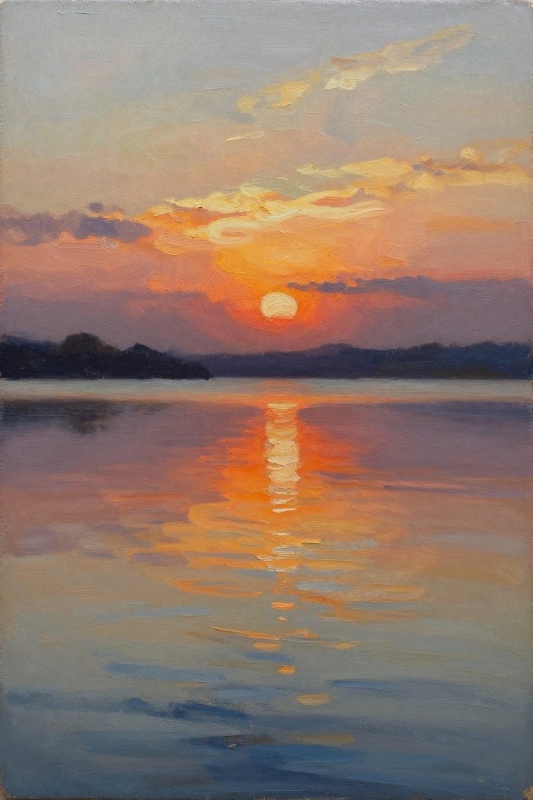 Oil painting of an orange sun setting over dark hills reflected in a calm lake under a gradient sky.