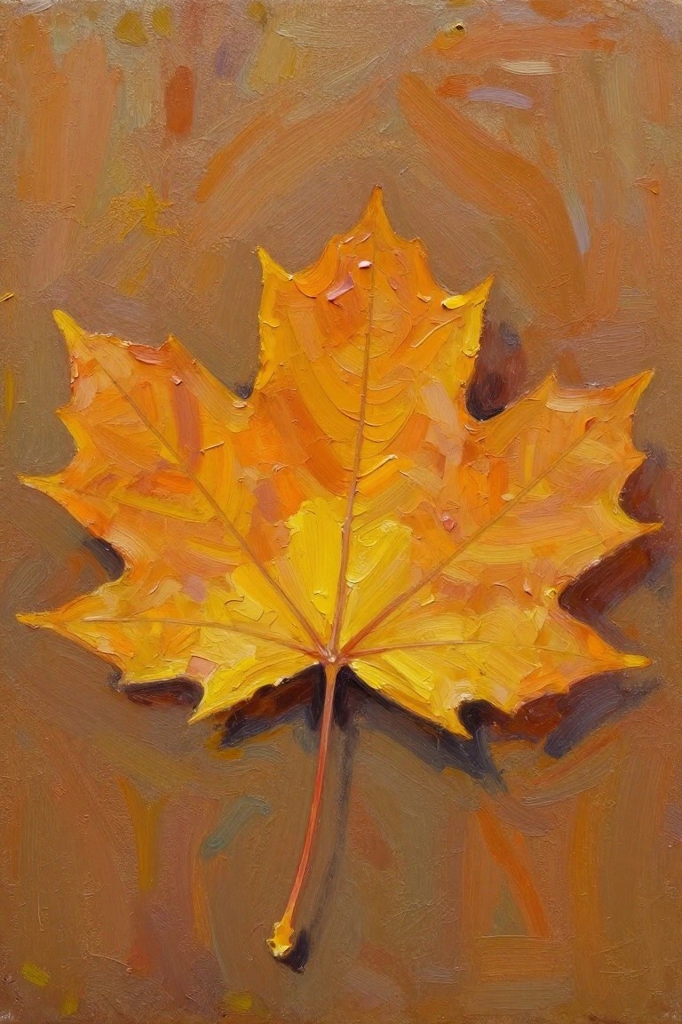Oil painting of a single detailed yellow-orange maple leaf with stem on a textured brown background.