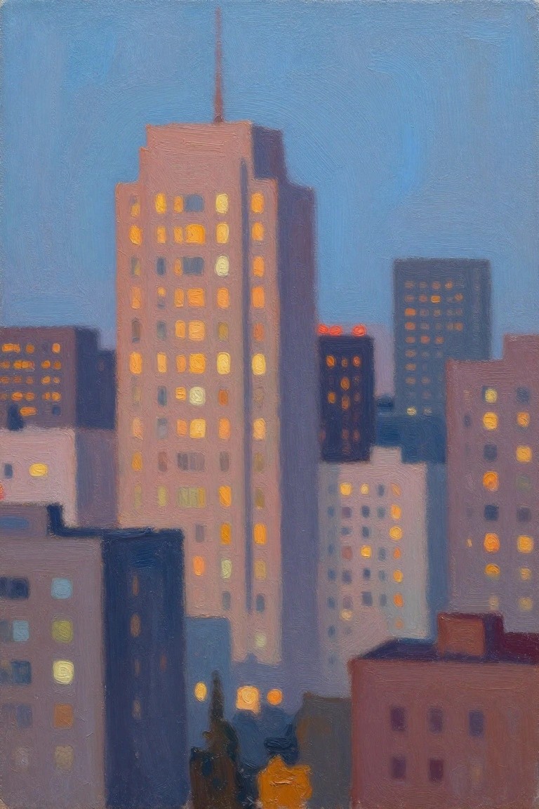 Vertical oil painting of skyscrapers at twilight with a tall central building featuring glowing yellow windows against a blue sky and surrounding darker towers.