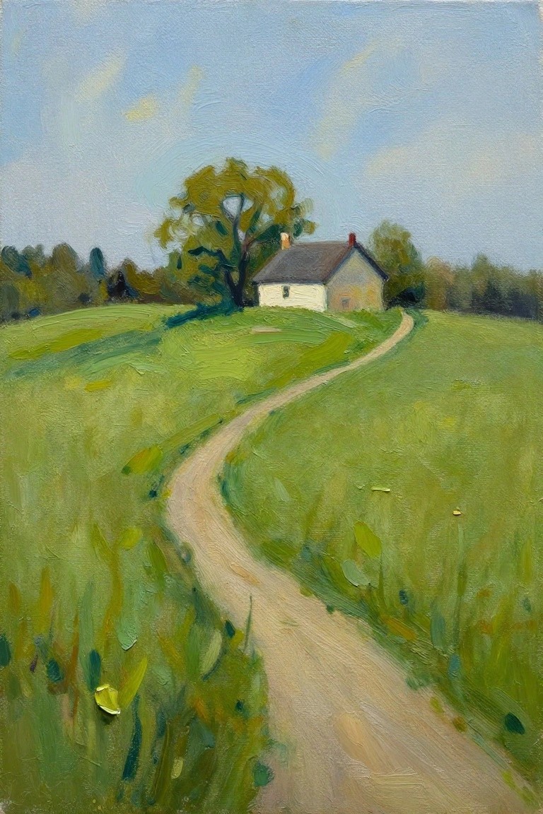 Oil painting of a white cottage with chimney beside a large yellow tree, at the end of a winding dirt path through green fields under a blue sky with scattered clouds.