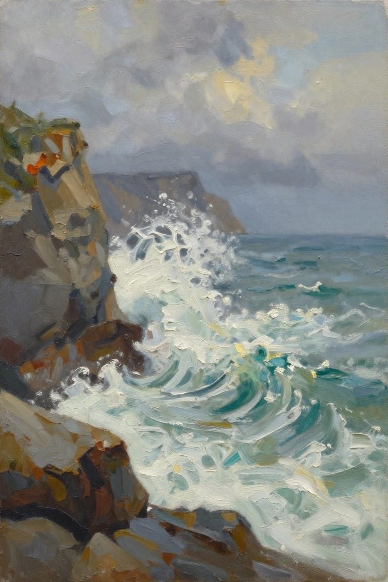 Oil painting of jagged cliffs with crashing waves and turbulent ocean under a gray cloudy sky.