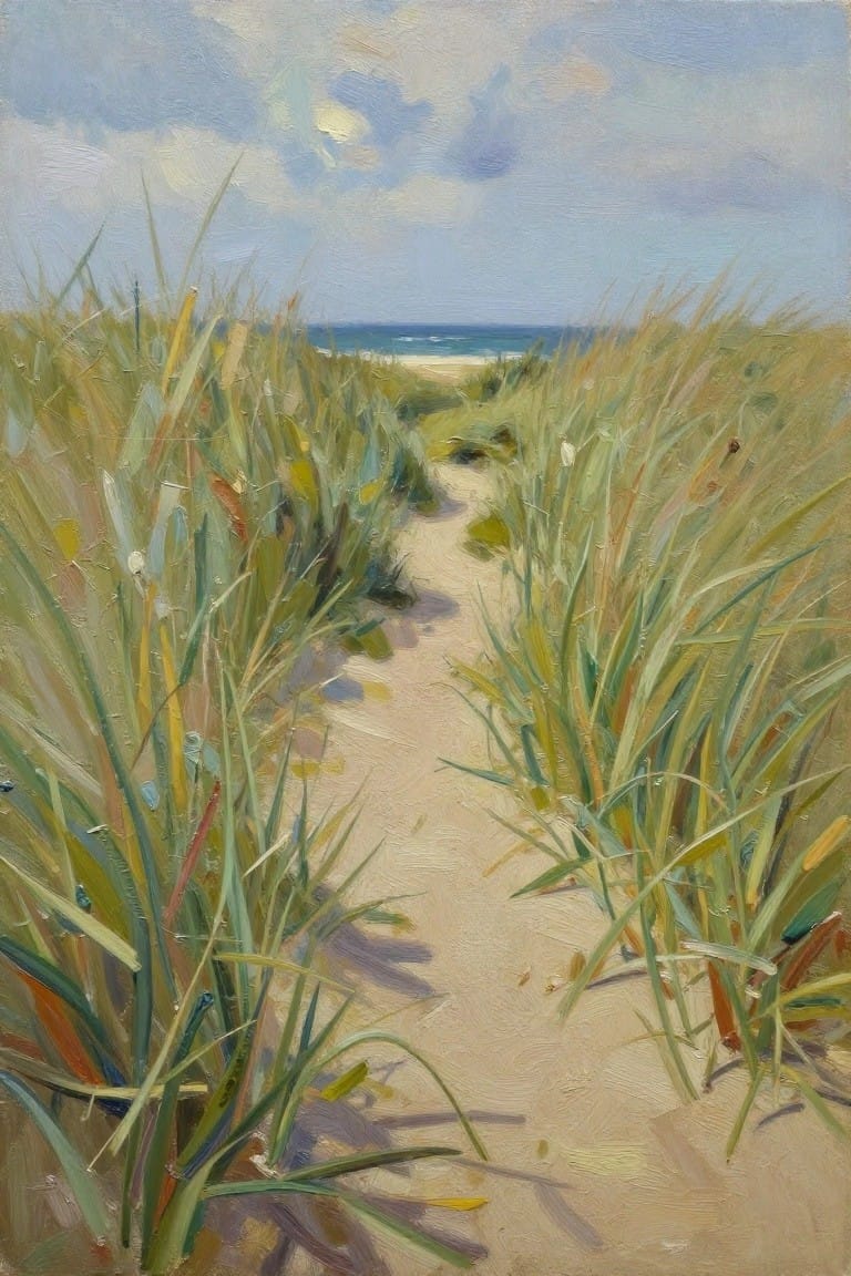Oil painting of a sandy path winding through tall green and yellow beach grasses toward a distant ocean and beach under a partly cloudy sky.