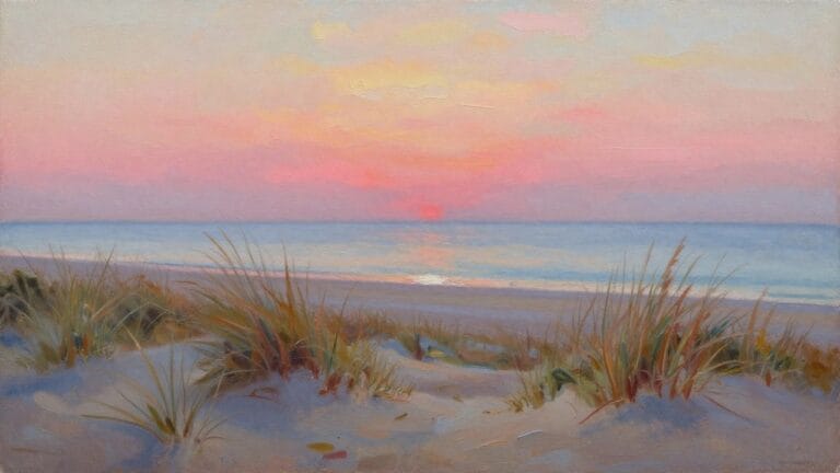 Oil painting of sea grass on beige sand dunes in the foreground, leading to a beach, ocean waves, and a pink-orange sunset sky.
