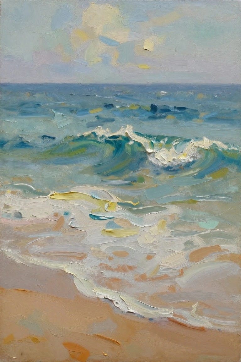Oil painting depicting turquoise waves and white foam breaking on a beige sandy beach, with blue ocean, cloudy sky, and tiny distant sailboat.