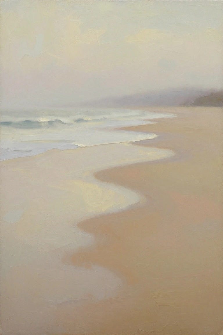Soft oil painting of a foggy beach with gentle waves curving onto beige sand under a pale hazy sky.