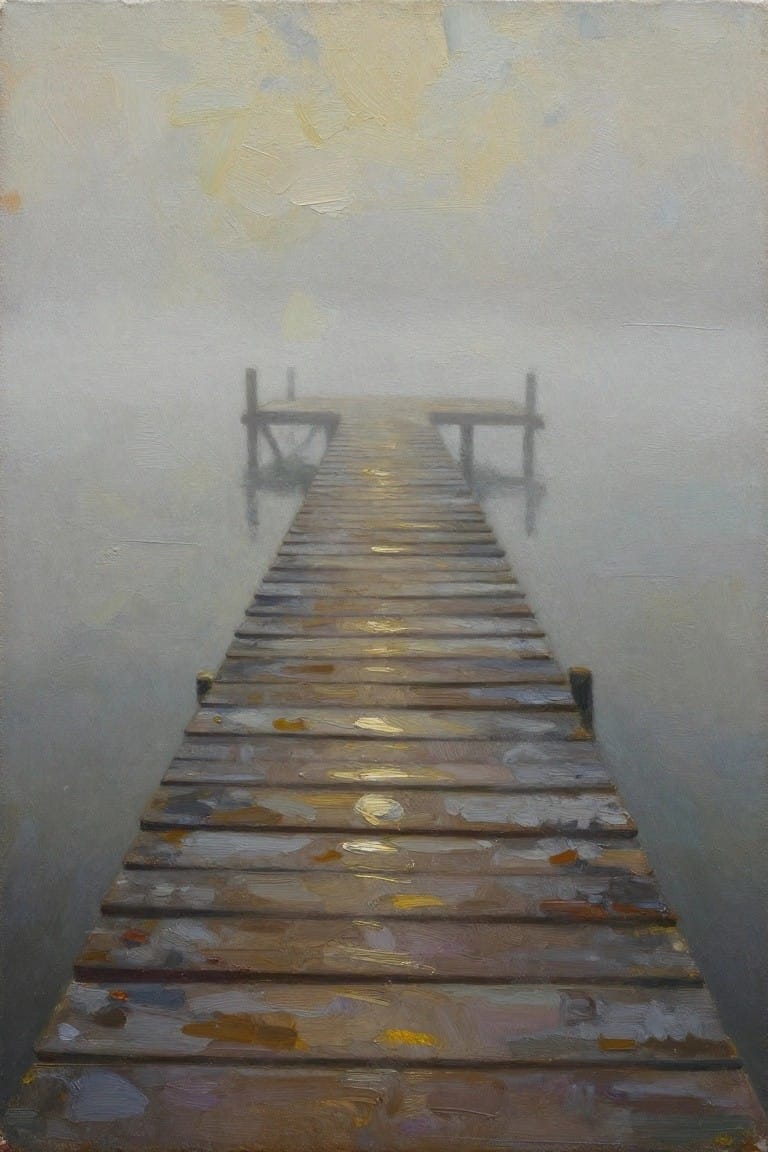 Oil painting of a wooden pier extending into foggy water with golden light highlights on the planks.