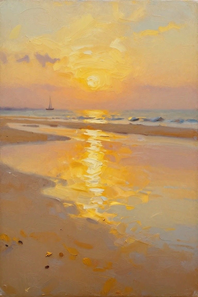 Oil painting of sunset over a beach with golden reflections in wet sand channels and a small sailboat offshore.