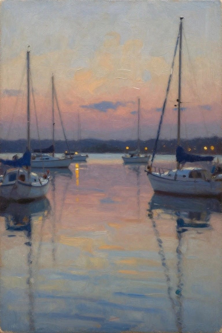 Oil painting of white sailboats moored in calm harbor water at sunset with pink-orange sky reflections and distant hills.