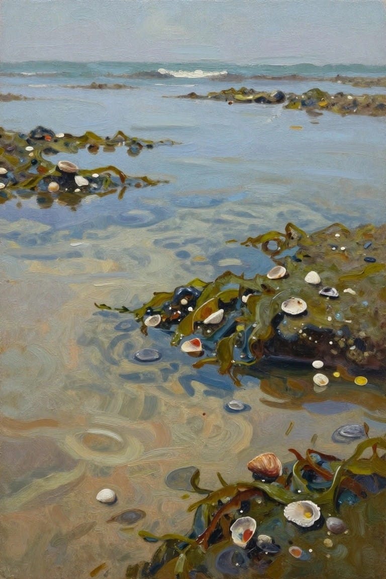 Oil painting of shallow tidal pools on a rocky beach with green kelp, white shells, reflective water, and distant ocean waves under a hazy sky.