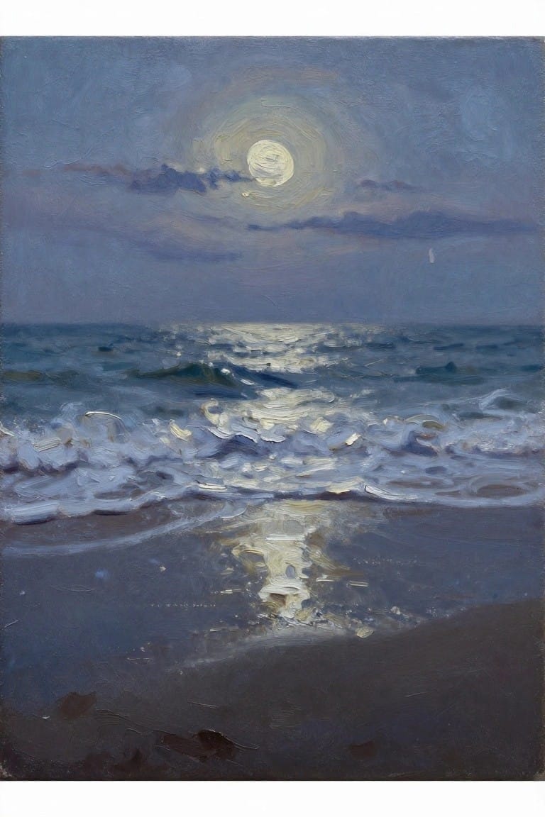 Oil painting of a full moon over dark blue ocean waves at night, with moonlight reflecting on the water, foam, and wet sandy beach.