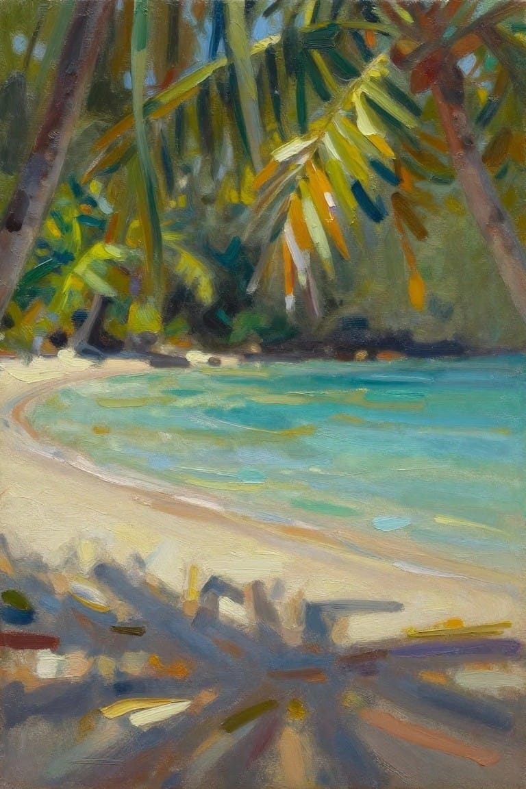 Oil painting of palm trees overhanging a crescent beach with turquoise water, rocks, and shadows on sand.