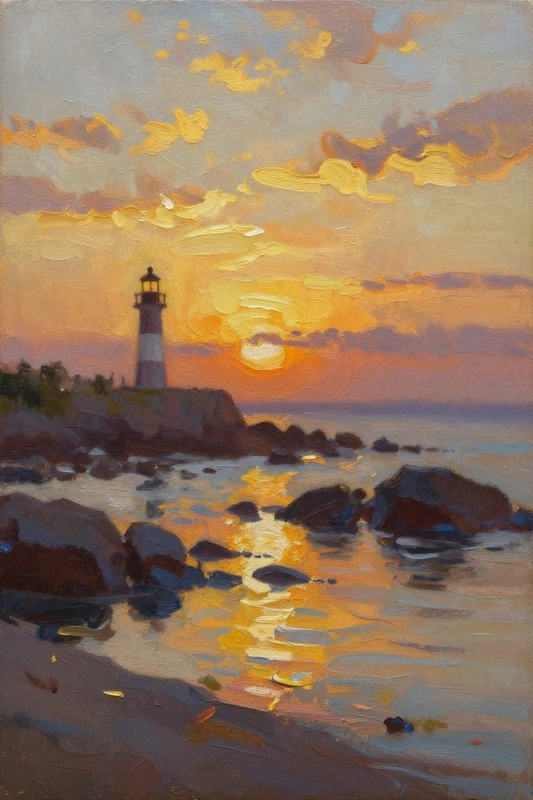 Oil painting of a red-and-white striped lighthouse on rocky cliffs at sunset with the sun low over the ocean and warm sky reflections on the water.